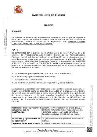 Consulta pública elaboración proyecto modificación Ordenanza nº 3 ICIO